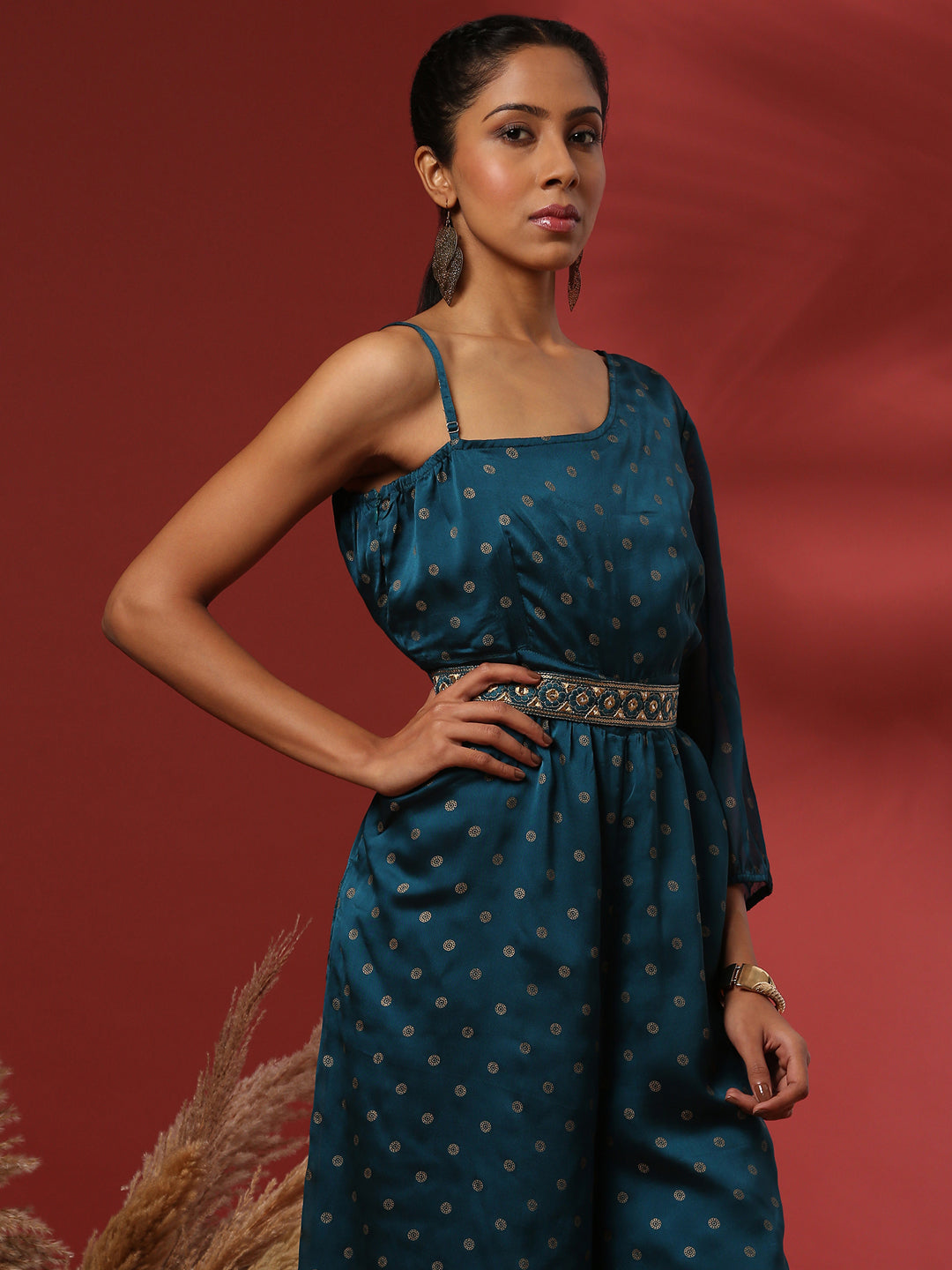 One shoulder festive jumpsuit-teal