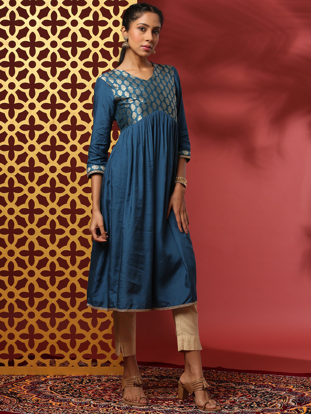 A-line kurta with brocade yoke-teal