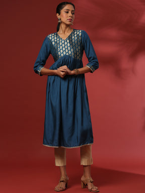 A-line kurta with brocade yoke-teal