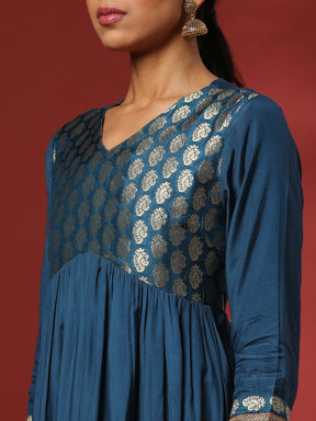 A-line kurta with brocade yoke-teal