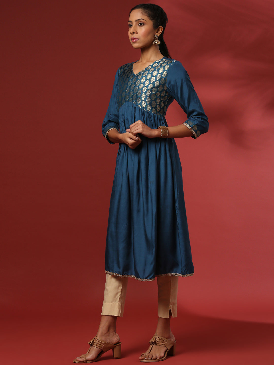 A-line kurta with brocade yoke-teal