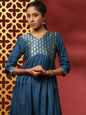 A-line kurta with brocade yoke-teal