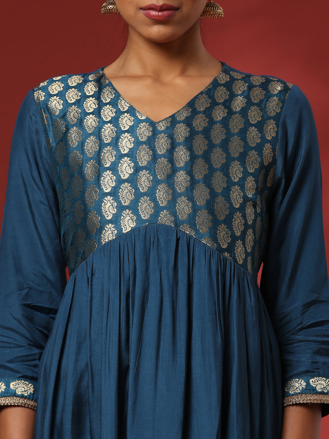 A-line kurta with brocade yoke-teal