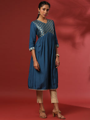 A-line kurta with brocade yoke-teal