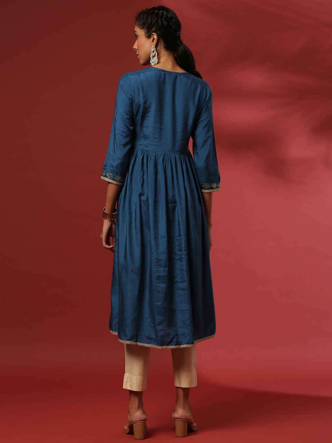 A-line kurta with brocade yoke-teal