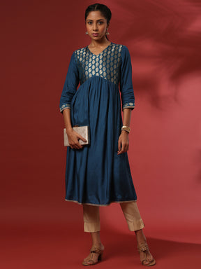 A-line kurta with brocade yoke-teal