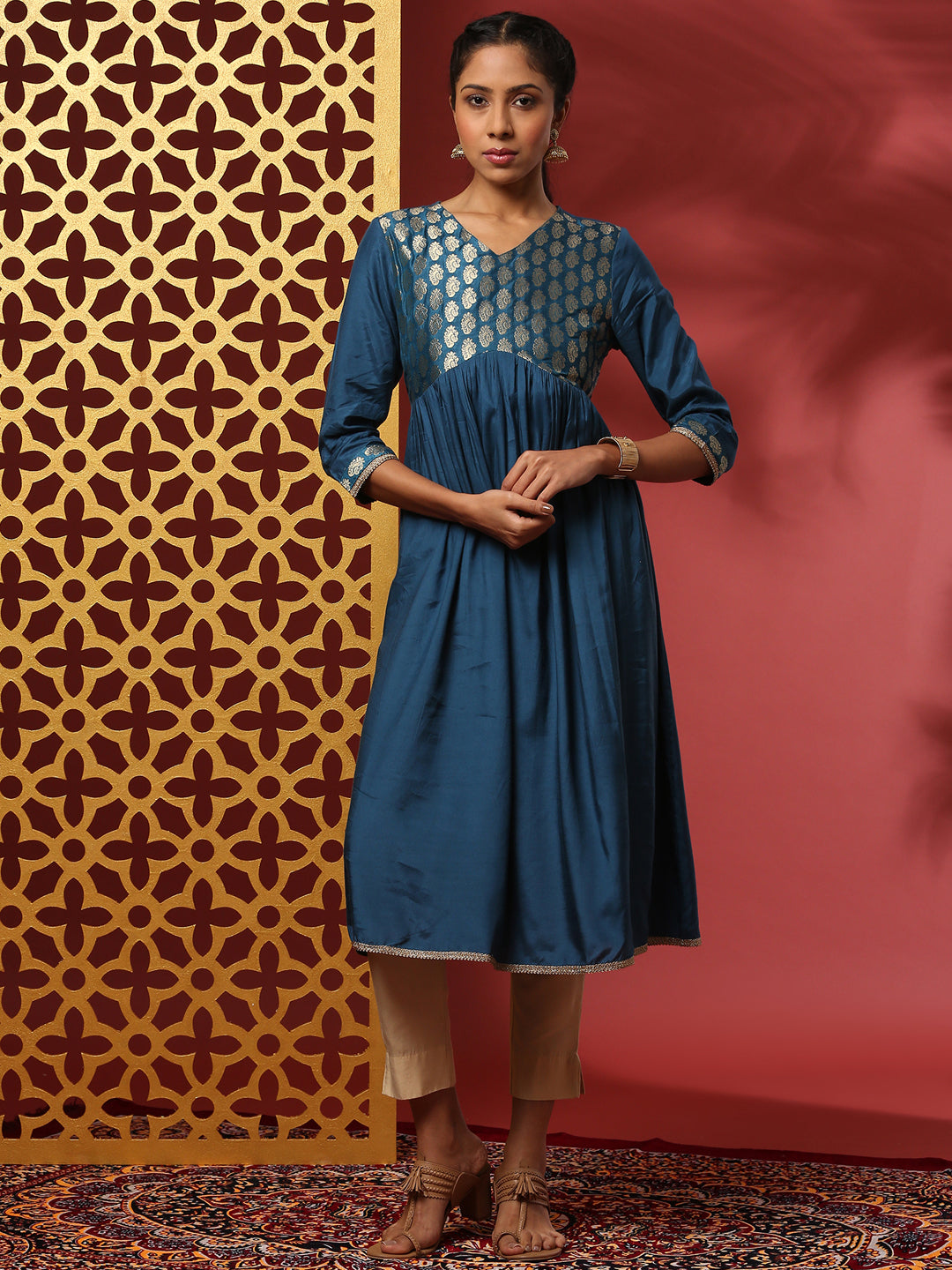 A-line kurta with brocade yoke-teal