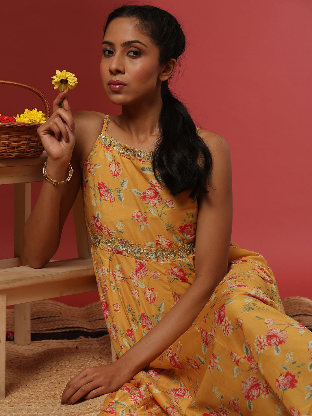 fit and flare dress with zari embroidery-yellow