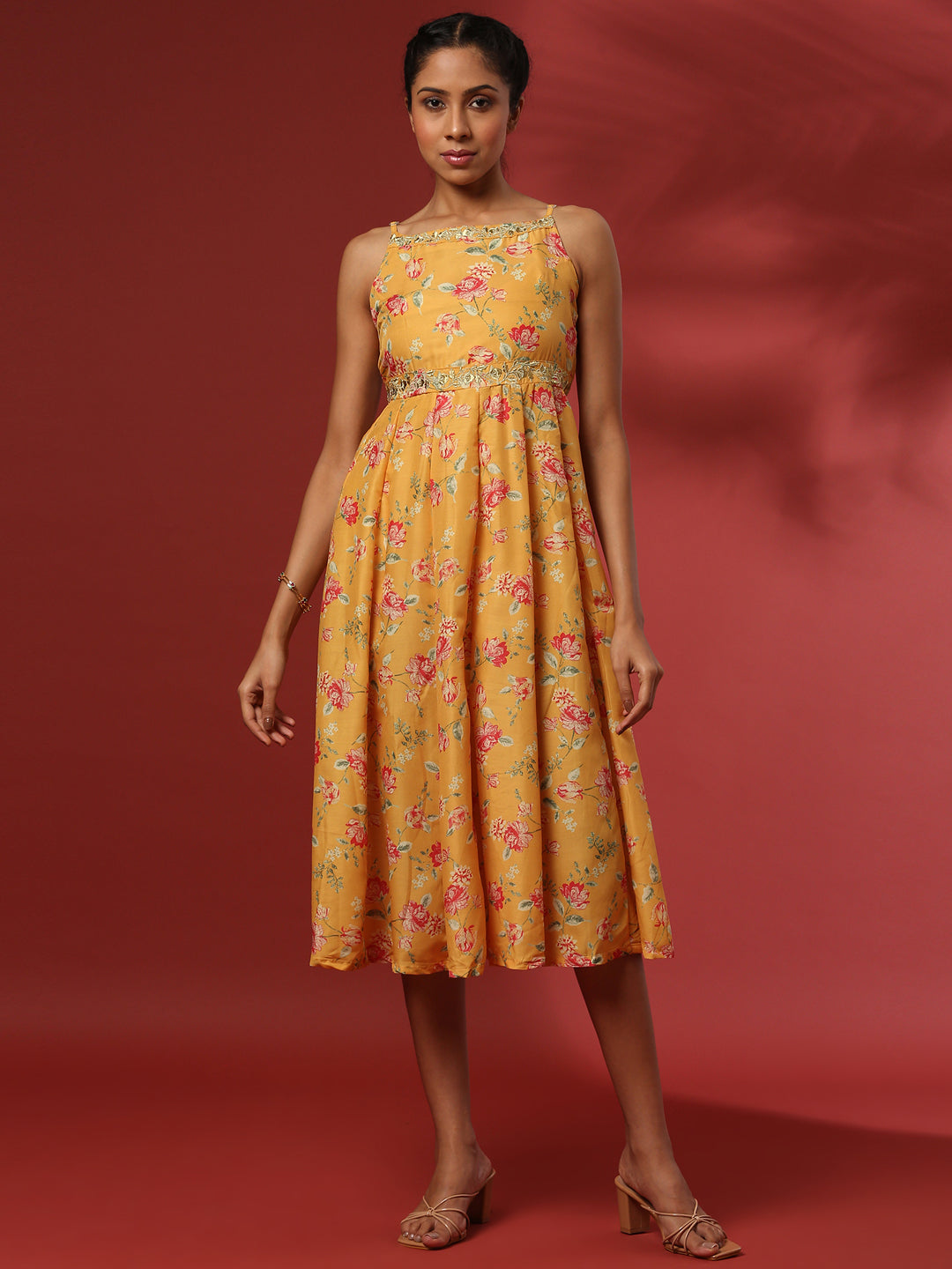 fit and flare dress with zari embroidery-yellow