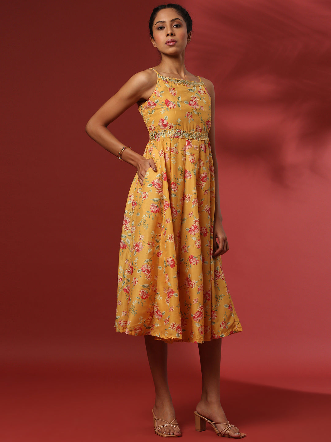 fit and flare dress with zari embroidery-yellow