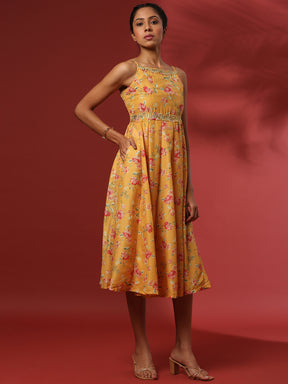 fit and flare dress with zari embroidery-yellow