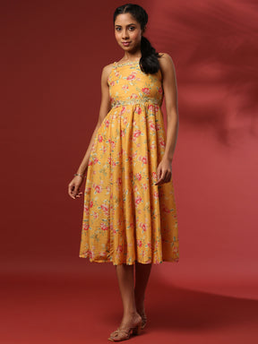 fit and flare dress with zari embroidery-yellow