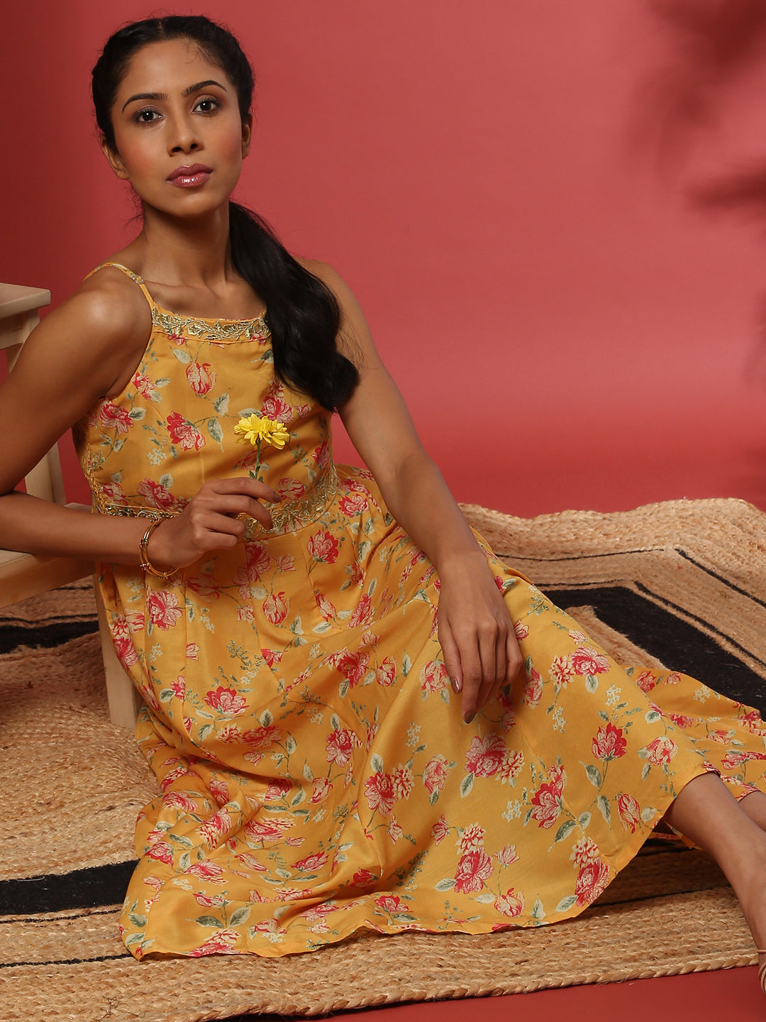 fit and flare dress with zari embroidery-yellow