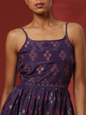 Printed strappy fit and flare dress-violet