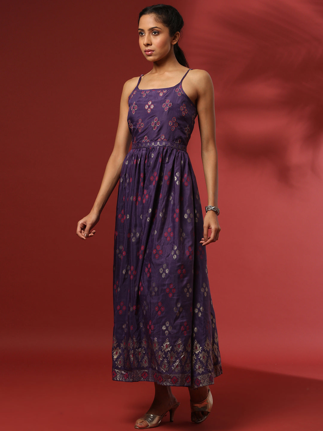 Printed strappy fit and flare dress-violet