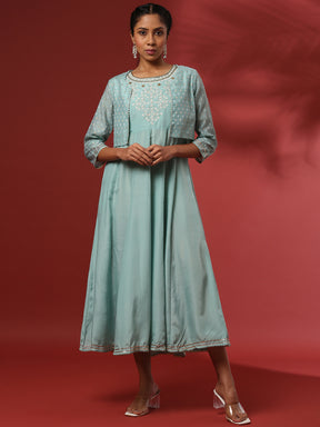 Sleeveless embroidered dress with cropped jacket-sea green