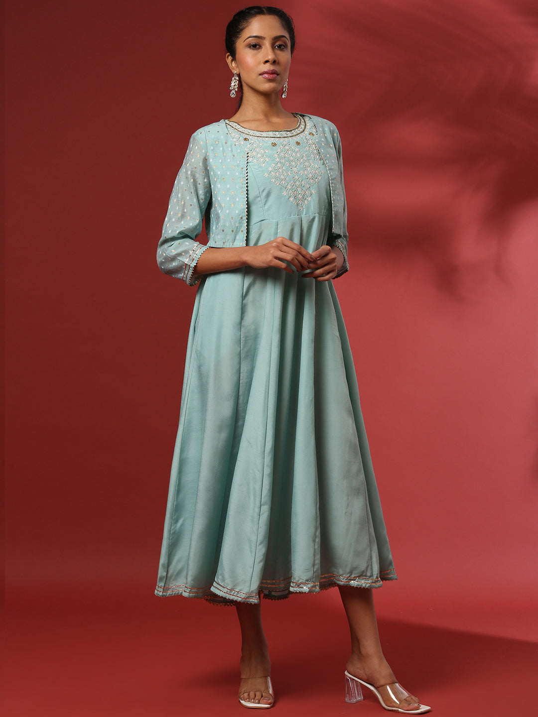 Sleeveless embroidered dress with cropped jacket-sea green