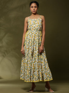 Floral printed tier dress with tassels-offwhite