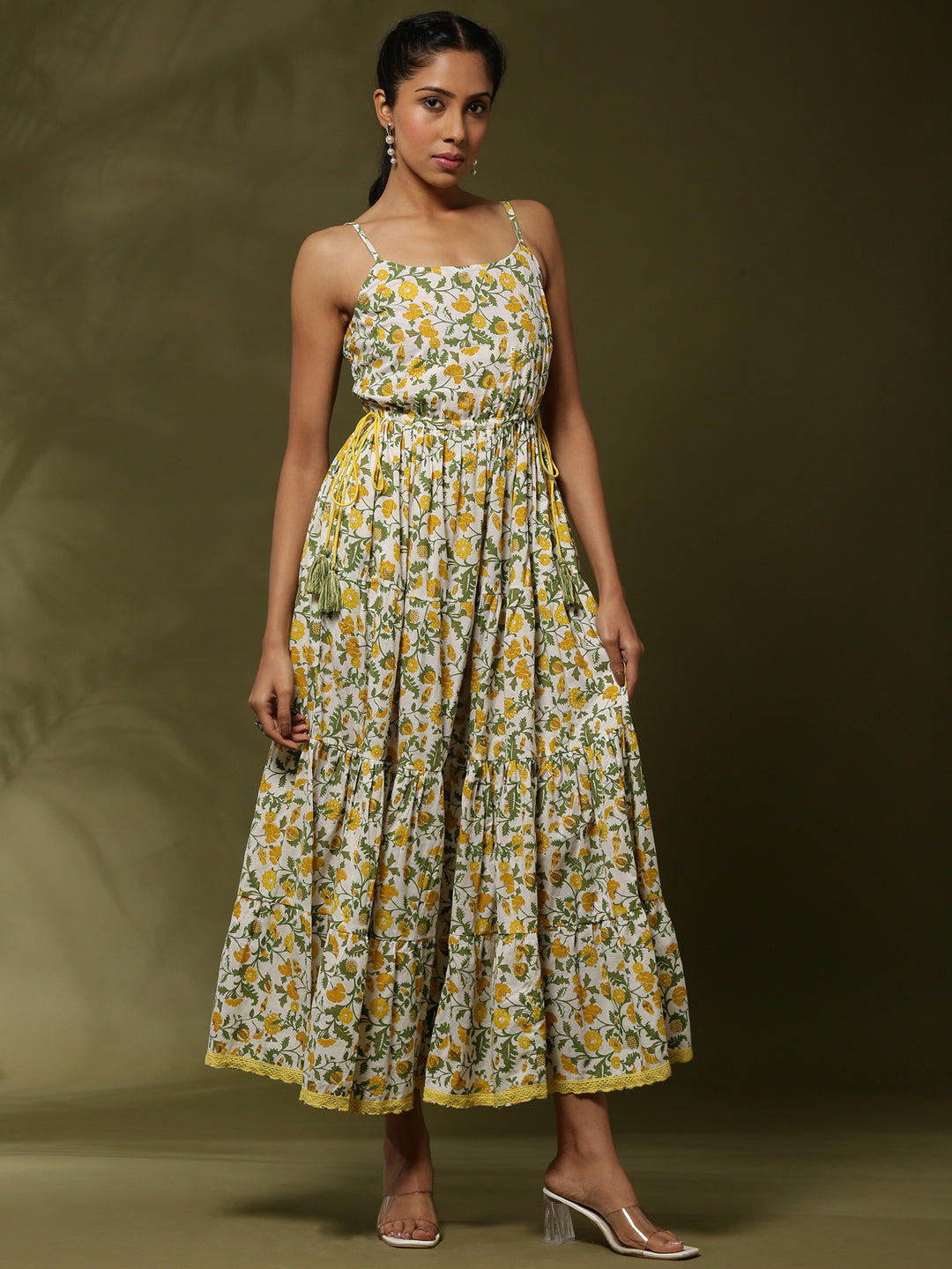 Floral printed tier dress with tassels-offwhite