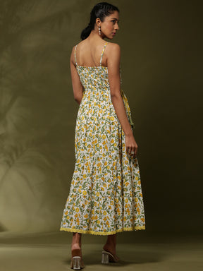 Floral printed tier dress with tassels-offwhite