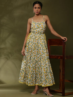 Floral printed tier dress with tassels-offwhite