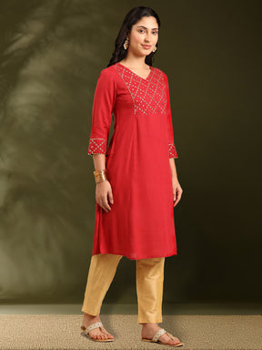 Zari and mirrorwork embroidered kurta-red