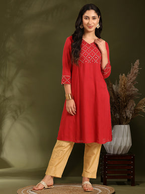 Zari and mirrorwork embroidered kurta-red