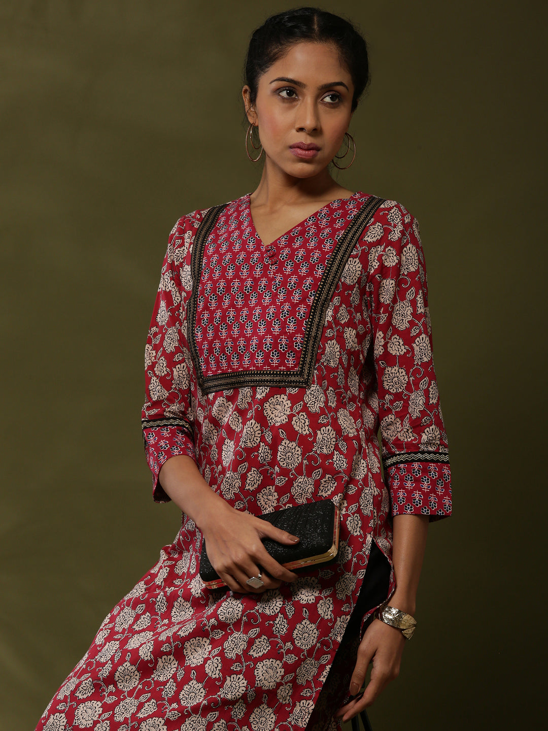 Block print straight kurta -maroon