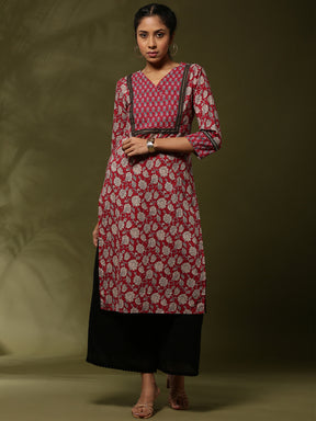 Block print straight kurta -maroon