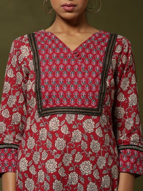 Block print straight kurta -maroon