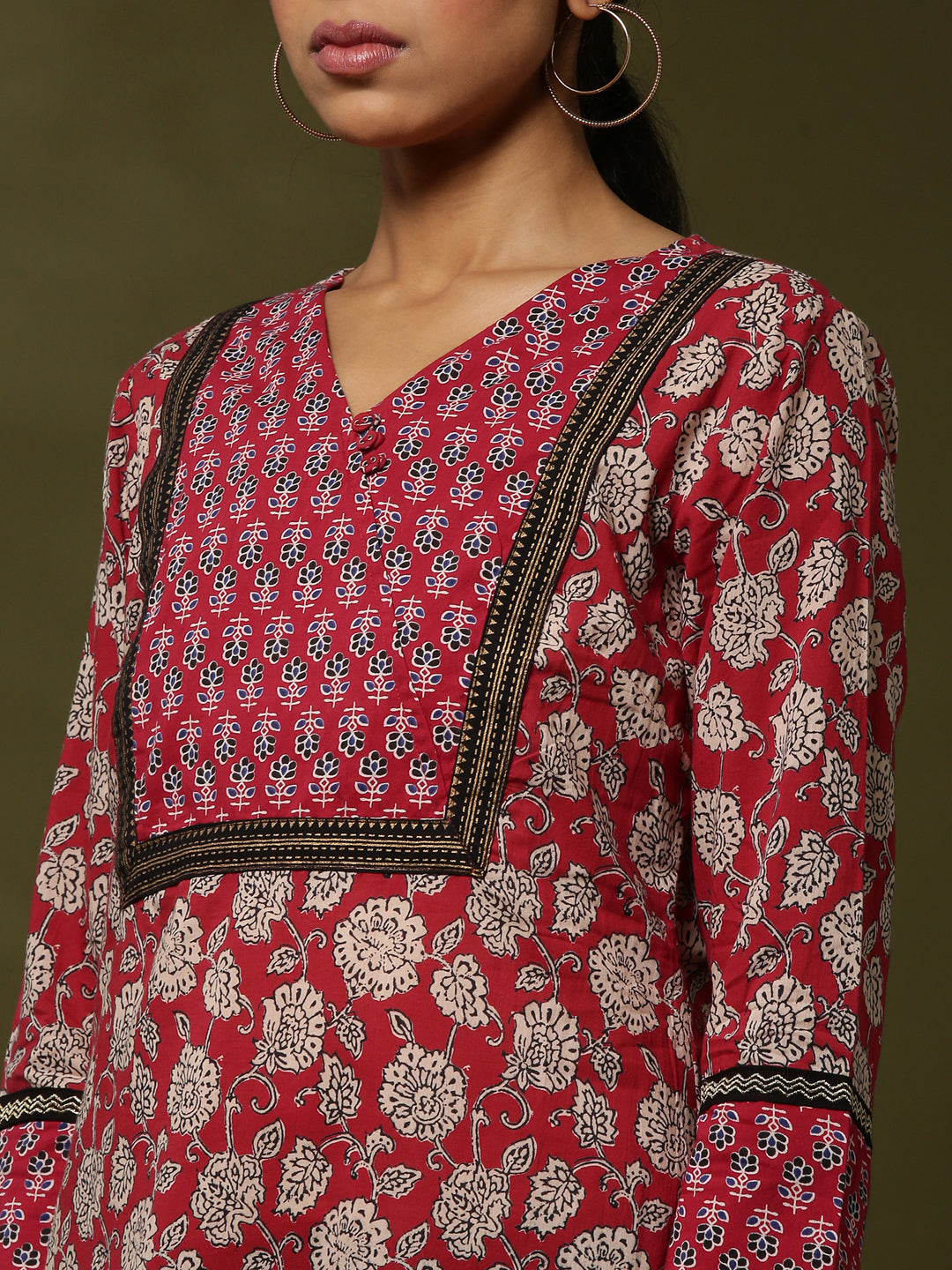 Block print straight kurta -maroon