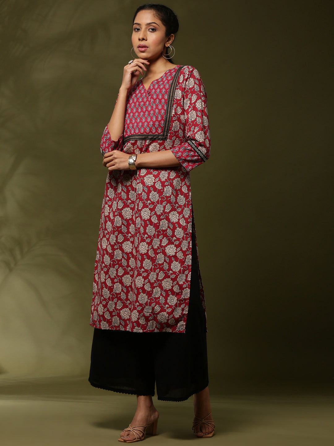 Block print straight kurta -maroon