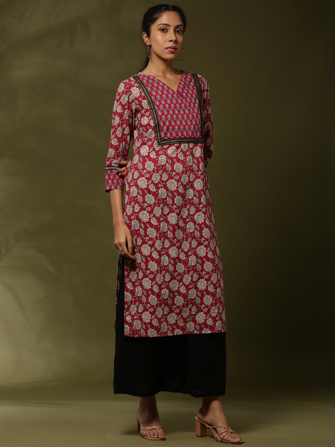 Block print straight kurta -maroon