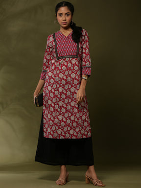 Block print straight kurta -maroon