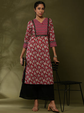 Block print straight kurta -maroon