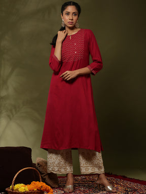 Embroidered straight kurta-red