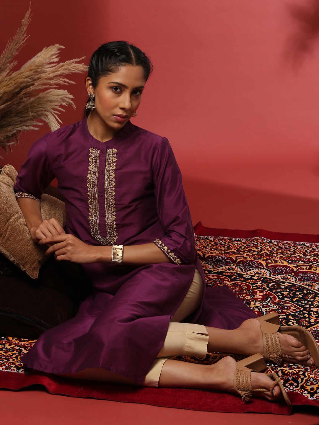 straight embroidered kurta- violet