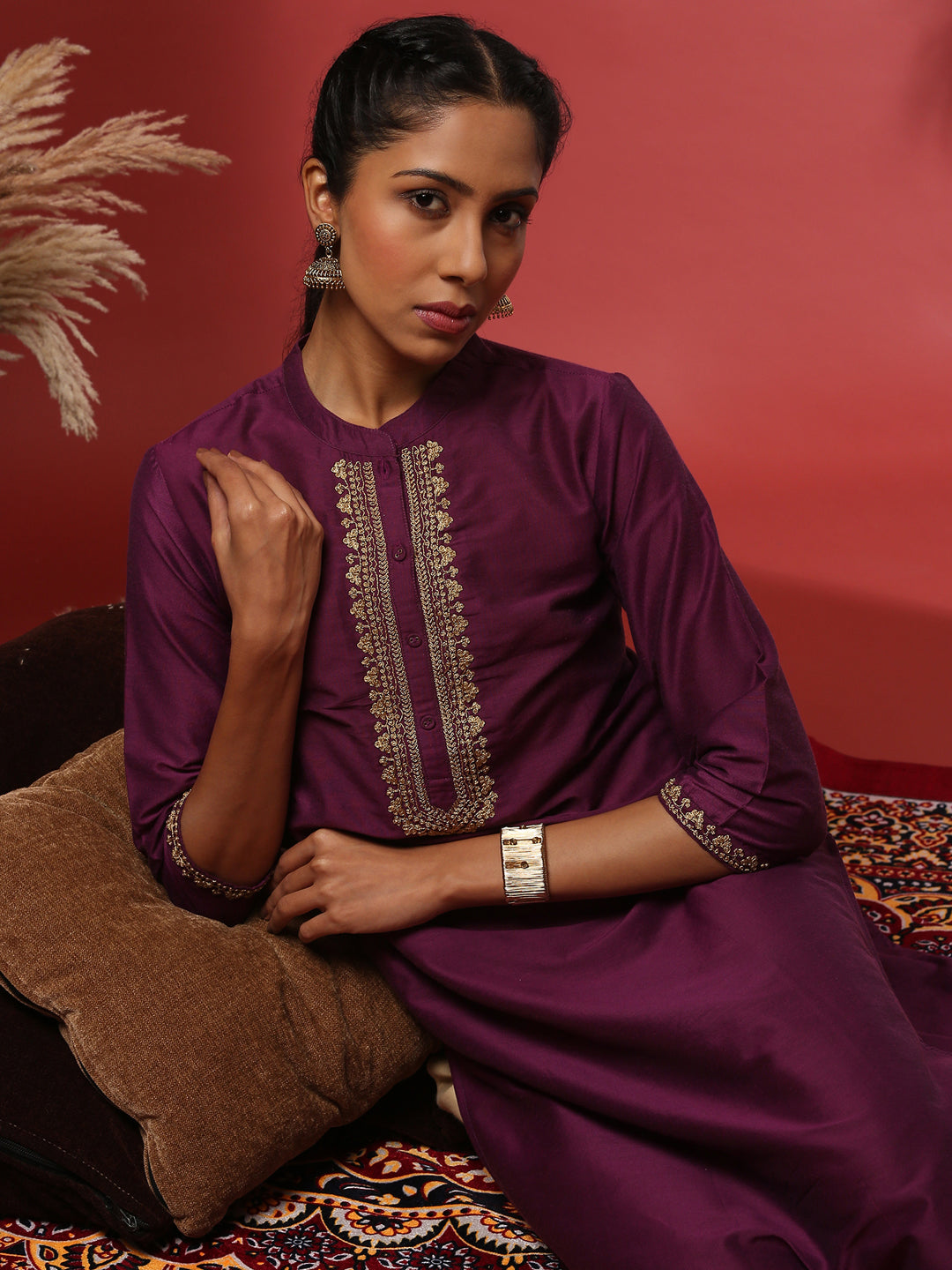 straight embroidered kurta- violet