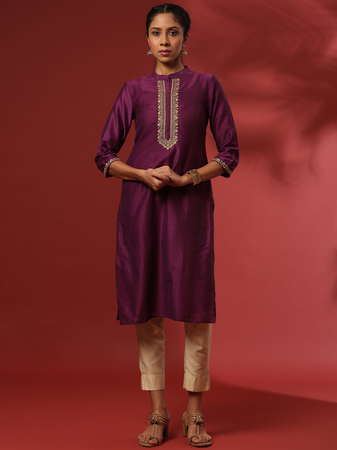 straight embroidered kurta- violet