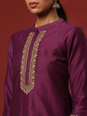 straight embroidered kurta- violet