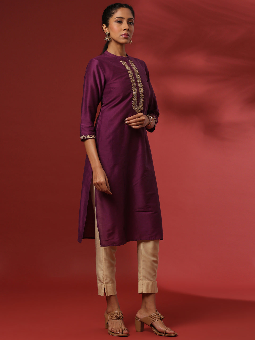 straight embroidered kurta- violet