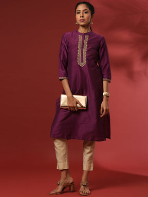 straight embroidered kurta- violet