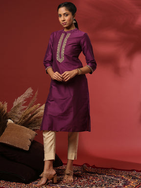 straight embroidered kurta- violet