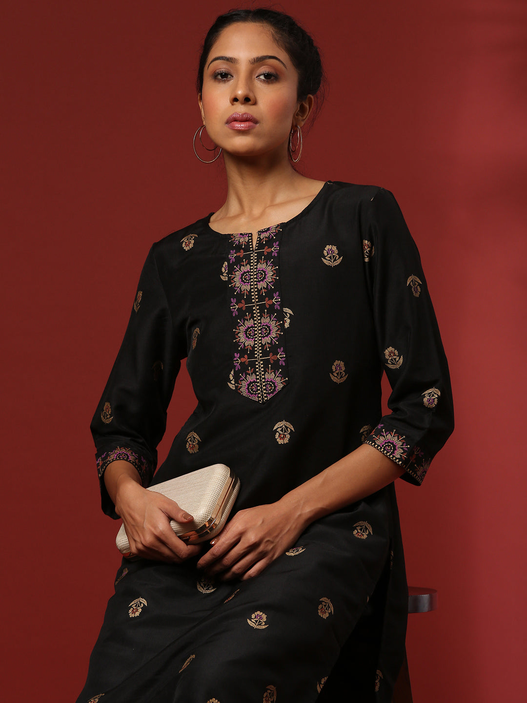 Printed straight kurta- black