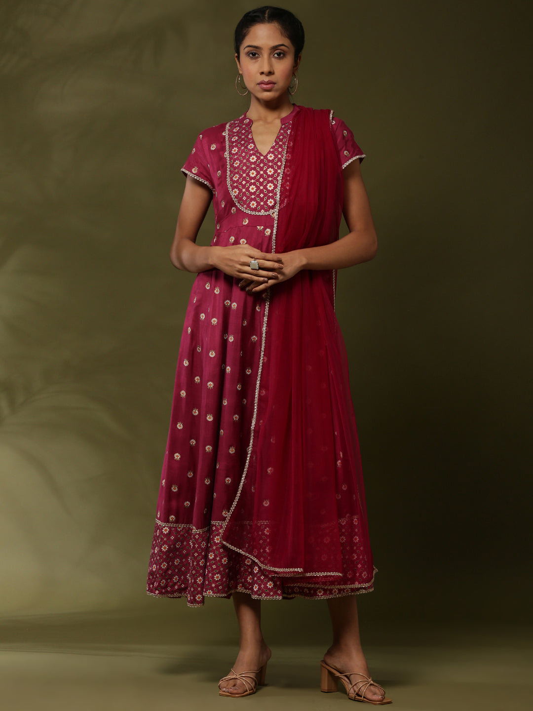 Printed yoke cut flare ethnic dress with dupatta-wine