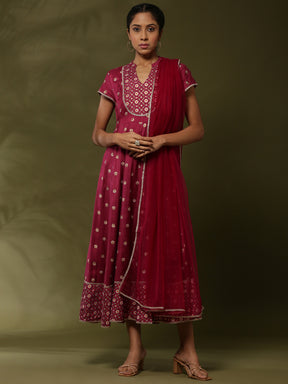 Printed yoke cut flare ethnic dress with dupatta-wine