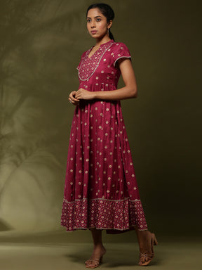 Printed yoke cut flare ethnic dress with dupatta-wine