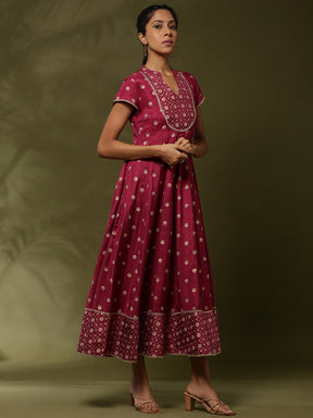 Printed yoke cut flare ethnic dress with dupatta-wine