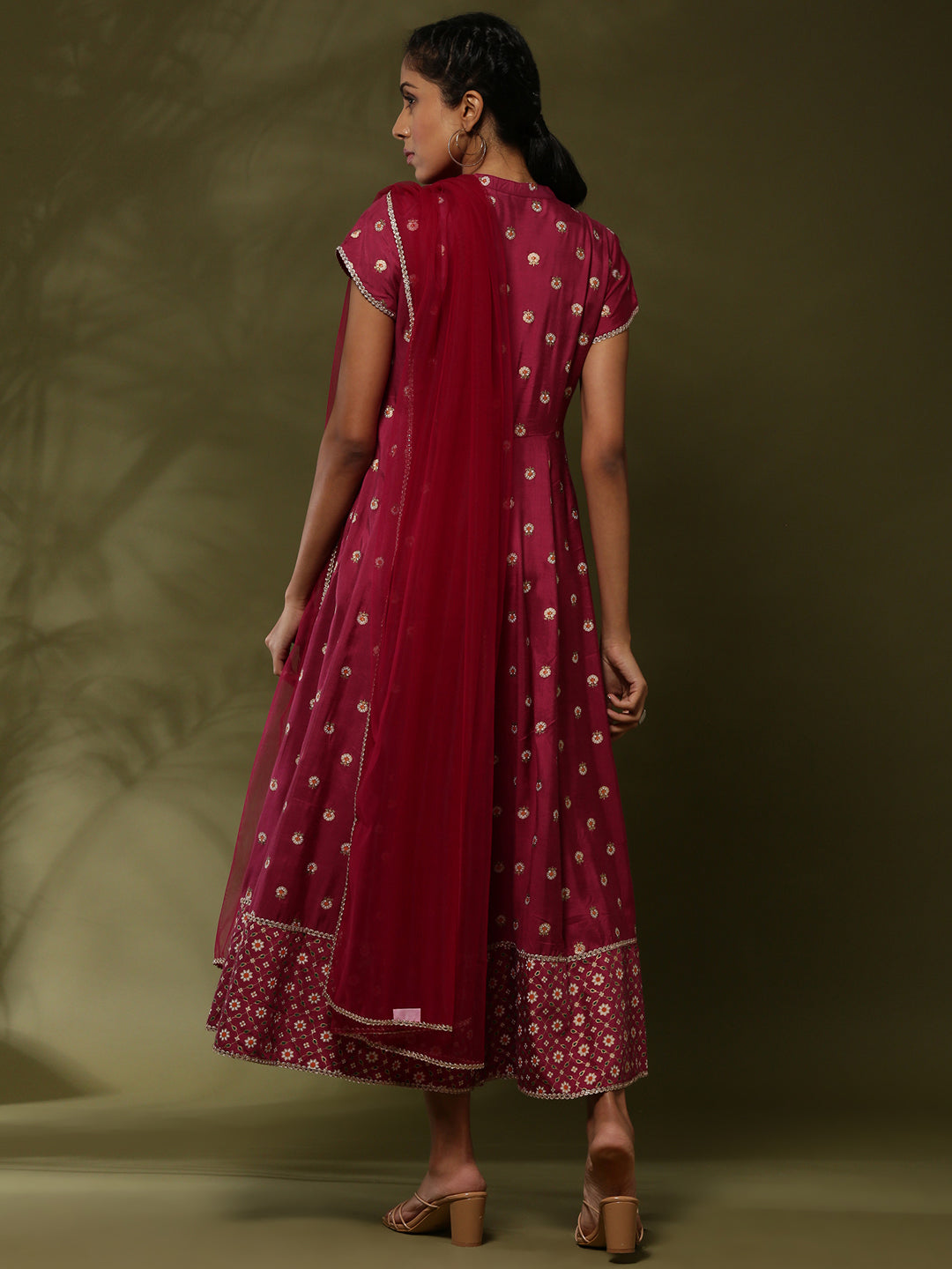 Printed yoke cut flare ethnic dress with dupatta-wine