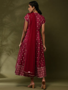 Printed yoke cut flare ethnic dress with dupatta-wine